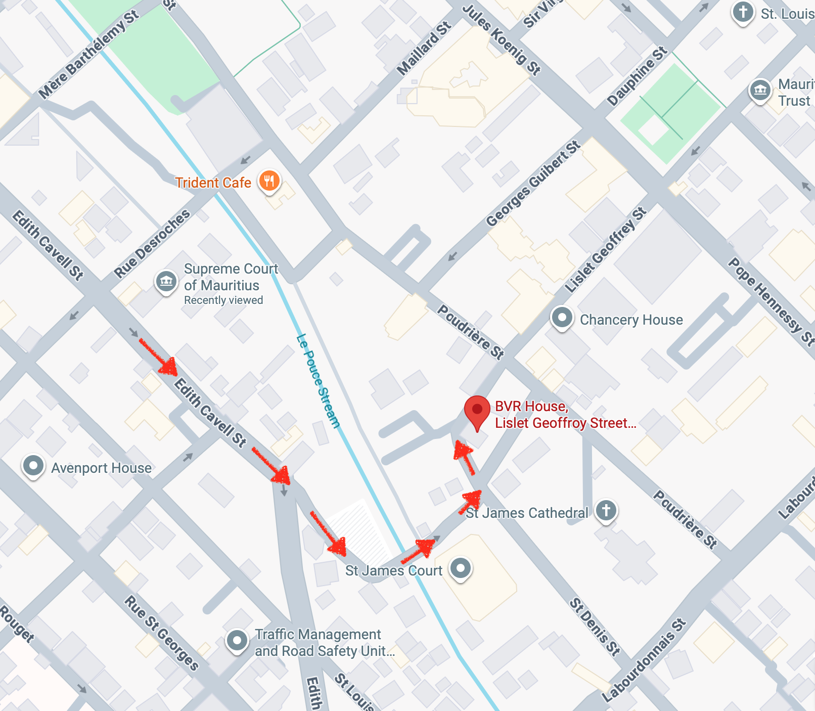 Map showing directions to BVR House, Lislet Geoffroy Street, Port Louis
